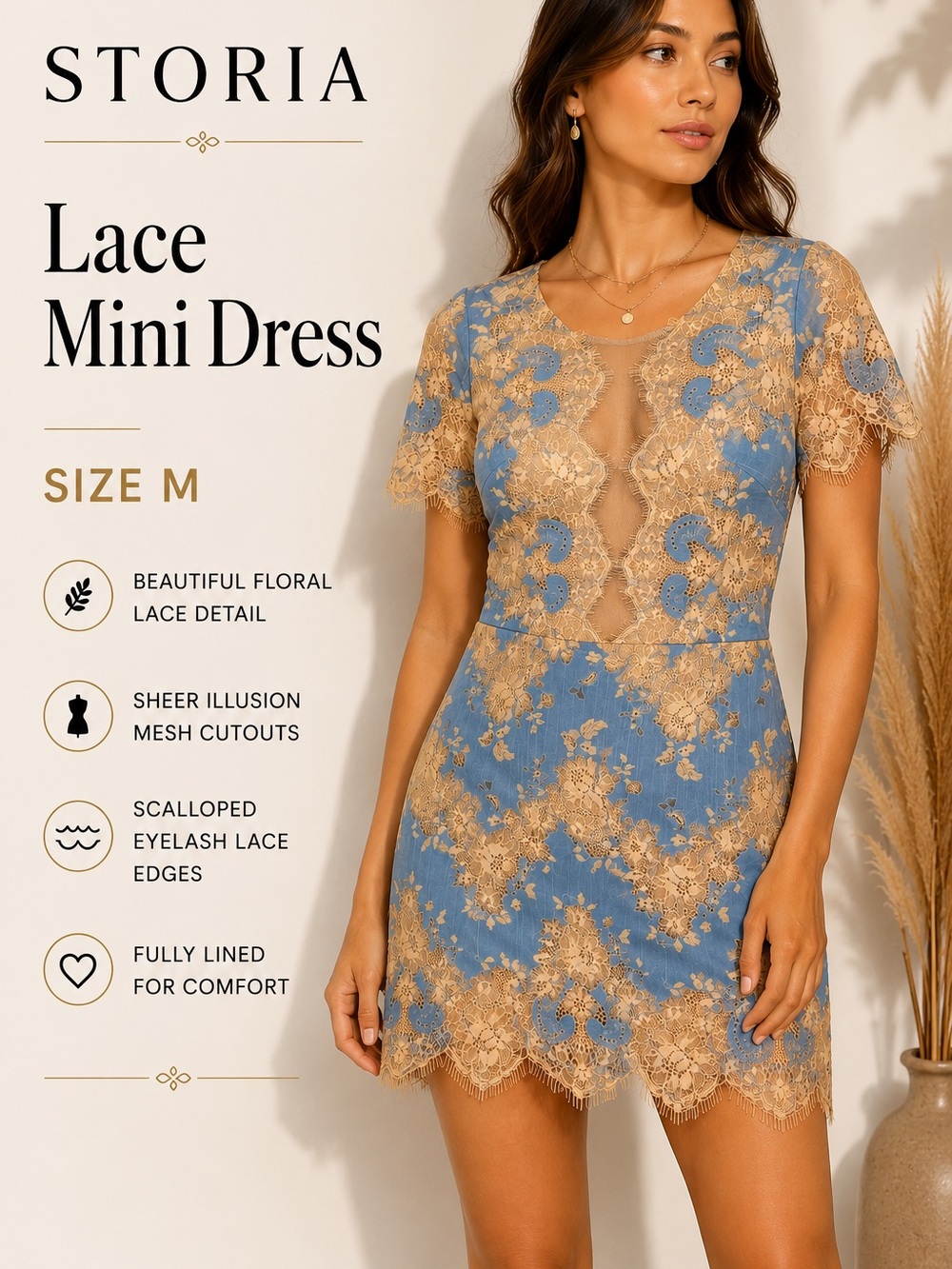 Storia Blue & Beige Floral Lace Illusion Mini Dress Size M